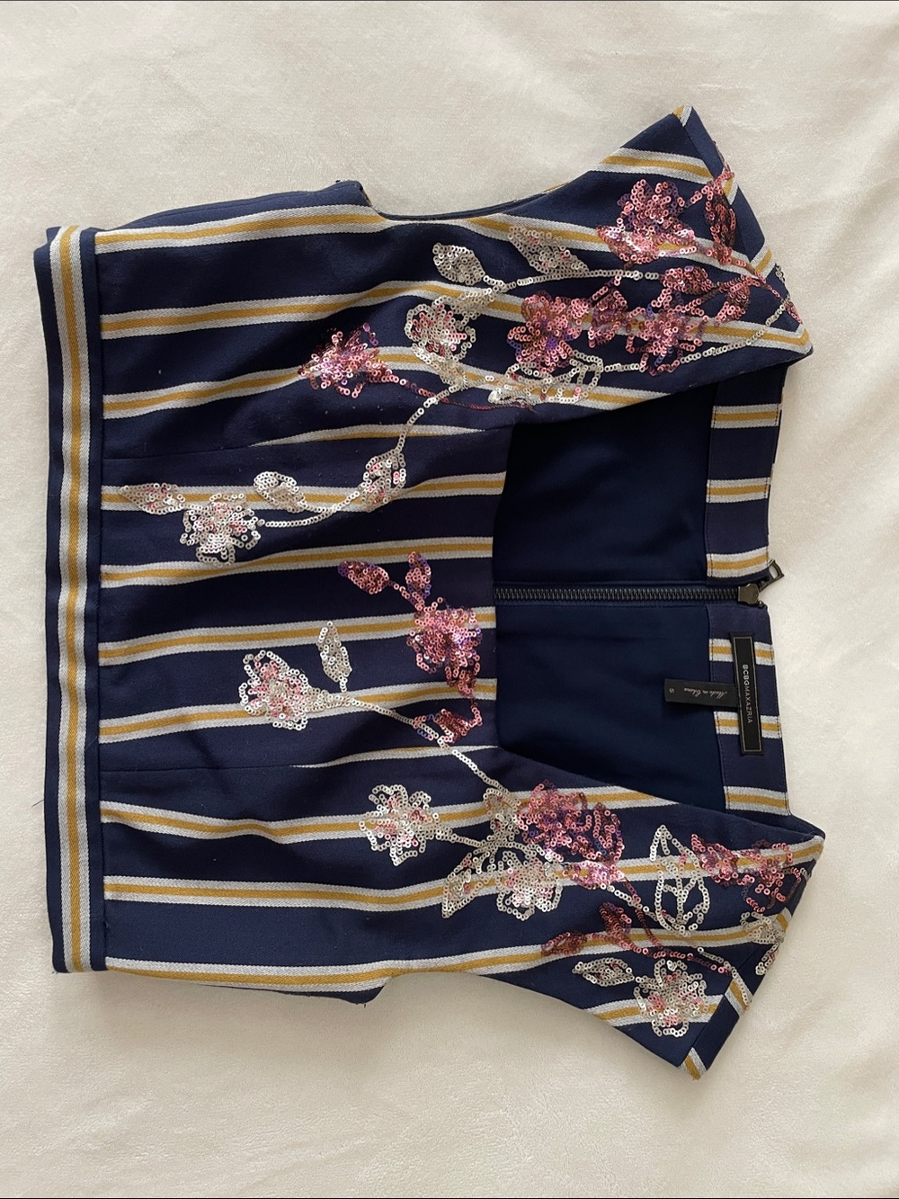 BCBGMaxAzria Navy Striped Crop Top with Pink Sequin Floral Embroidery